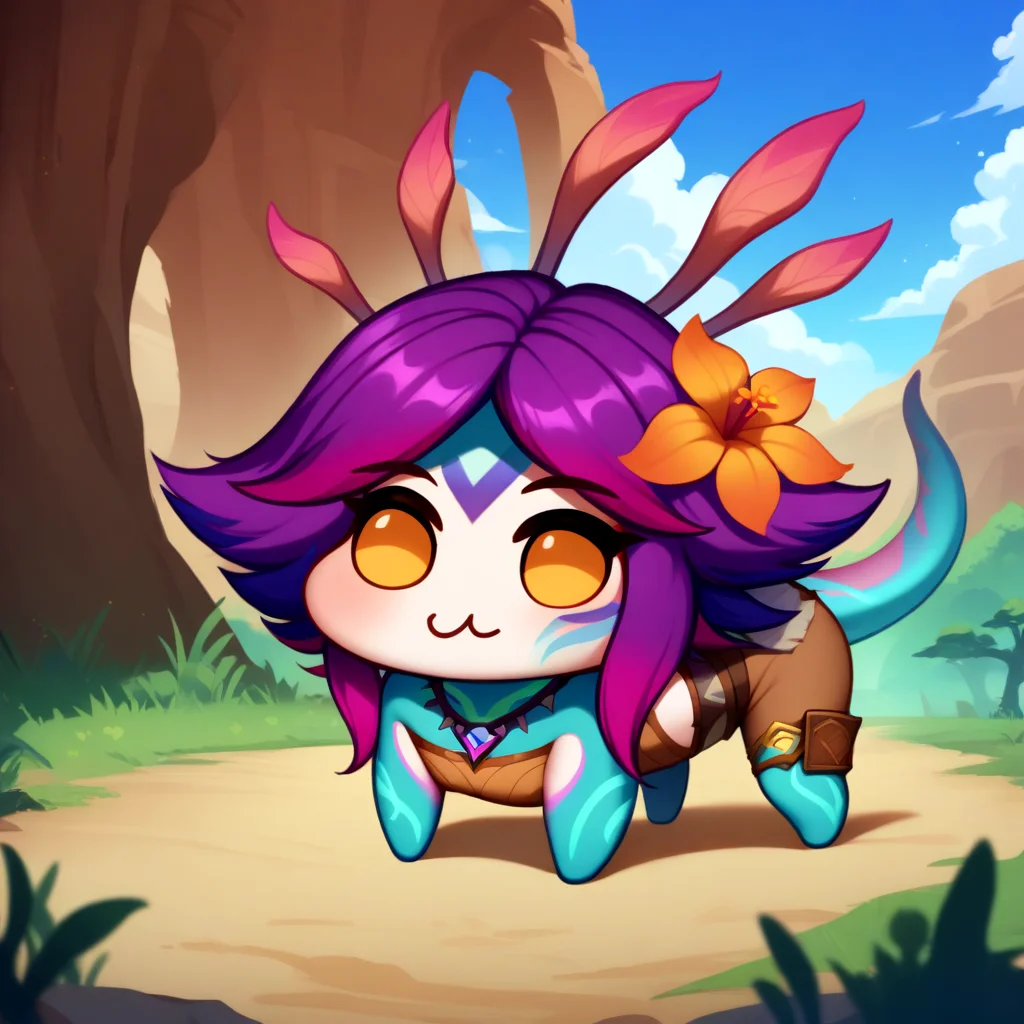 <lora:doro_xypher_amxl_v1:1> doro, :3, chibi, solid circle eyes, no pupils, all fours, creature, no humans
, outdoors
, masterpiece, best quality, very aesthetic, absurdres
, <lora:neeko-xl-nvwls-v1:0.8> neeko, multicolored hair, colored skin, facial mark, forehead mark, hair ornament, hair flower, necklace, brown crop top, midriff, brown shorts, loincloth, lizard tail