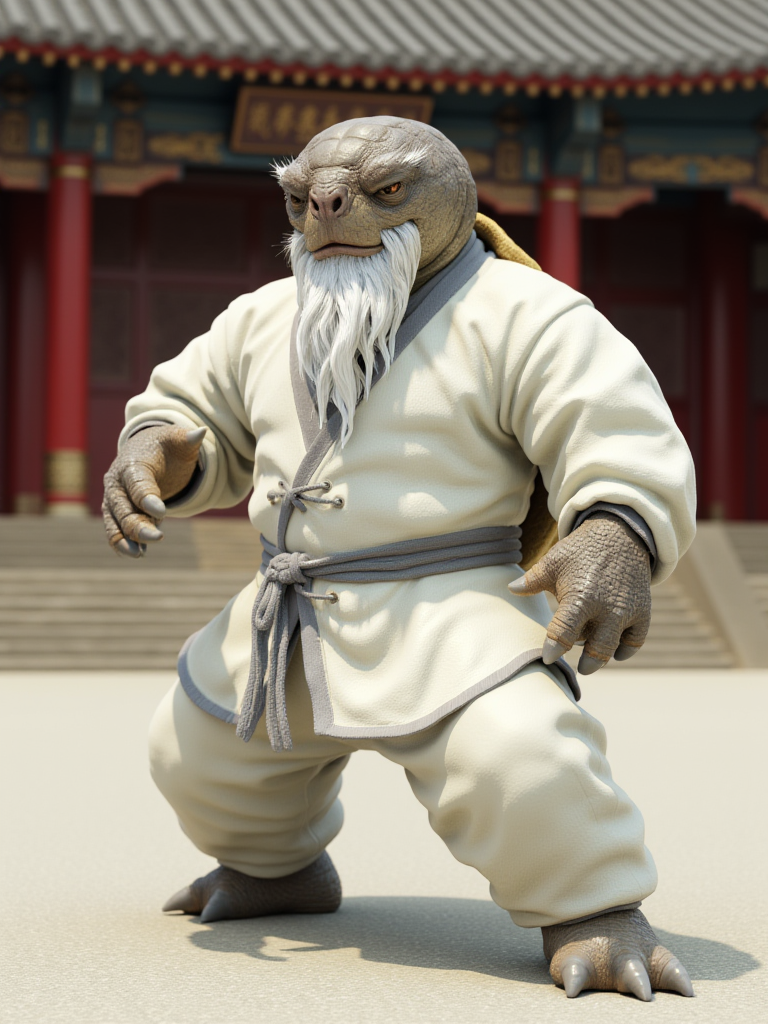 w1z_an1m4, A Galapagos tortoise with white, long, flowing beard, and bushy eyebrows. Dressed as a kung fu master, wearing a white shaolin cross-collar shirt jacket, and white trousers. Standing in a tiger crane pose, in the courtyard of a Shaolin monastery temple.
