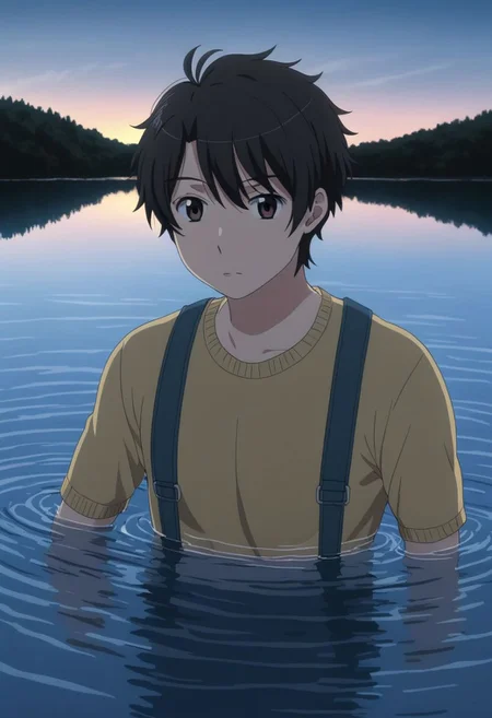 high resolution, solo, best quality, 1Boy, Inaho Kaizuka, Black Hair, Brown Eyes, swimming, natural lake, clear water, shirtless, shorts, sixpack, twilight, OverallDetail