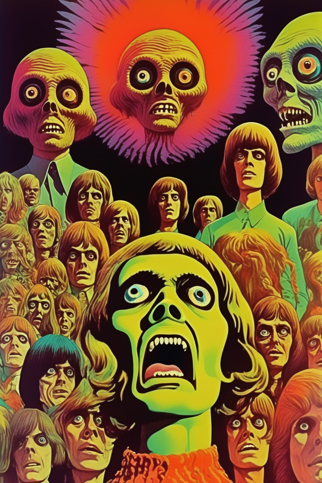 <lora:Victor Moscoso Style:1>Victor Moscoso Style - weird dreamcore scene, psychedelic early 70s, schizoid hallucination monsters with Dario Argento style