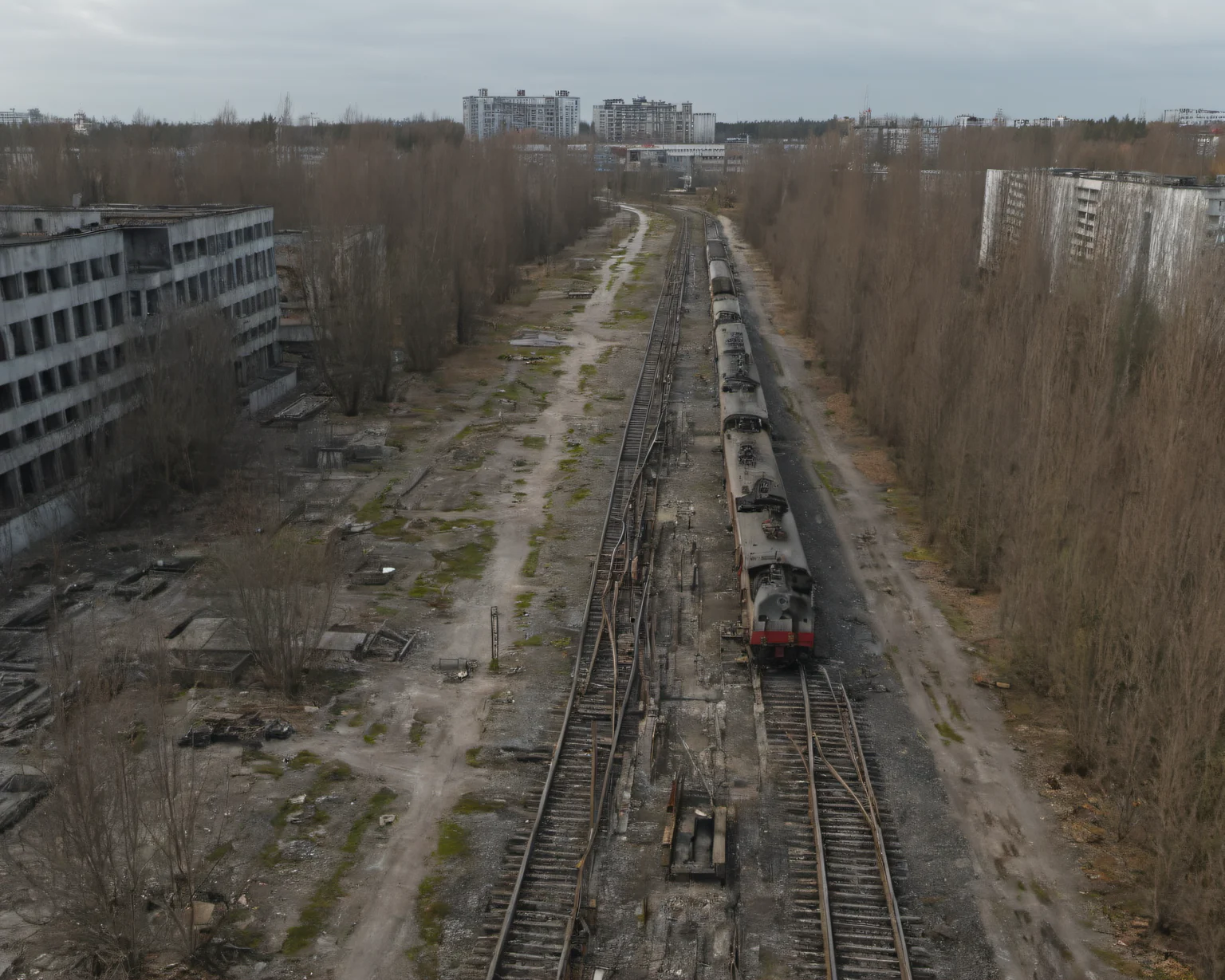 best quality, realistic, vray, hdr, a train track running through a city with tall buildings, Chern4byl enviroment <lora:PostApocalyptic_Chernobyl_v3:0.8>