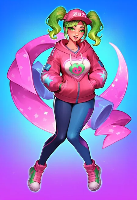 score_9, score_8_up, score_7_up, score_6_up, score_5_up, score_4_up, source_anime, zoey from Fortnite, Zoey, Twintails, pink shoulderless hoodie, pink cap, green hair, neon green twintails, zoey \(fortnite\), <lora:Zoey:0.45>, eyes looking viewer, extremely luminous bright design, extremely pastel colors, (night futuristic utopic disco background:1.4), pastel colors, dancing upbeat, smile, full neon lights dance suit, full body, high quality, highres, 1girl,