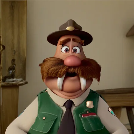 masterpiece, absurdres, highly detailed, Wally walrus, walrus, furry male, anthro, webbed feet, large mustache, camp counselor uniform, tanger hat, ranger badge, black tie, tusks, big red nose, thick eyebrows, bald, green vest, white dress shirt, suspenders holding up pants, brown pants, barefoot, portrait, close up, face shot,
