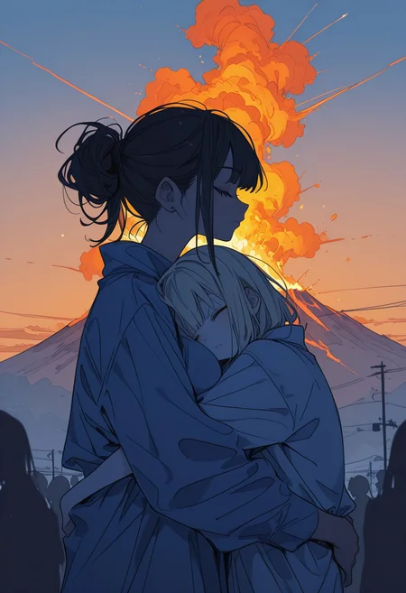 masterpiece, best quality, very aesthetic, absurdres, (anime coloring:1.2), ambient light, soft light, Rapscallionstyle, xxx667_illu, line art,SagawaStyle, ma1ma1helmes_b_illu, sketch,
blue theme, (orange hue), surreal, ((2girls,)) two girls kissingeach other, blushed, closed eyes, on the street, tshirt, jacket, blonde girl, black-hair girl, large breast, hugging each other, profile, silhouette, long ponytail. updo, ((blurry foreground)), body silhouette, people lower,
Backgrond focus, high volcano eruption in background, large volcano, dark smoke, tanned, sunset, low angle,
high detail, sharp shading, centered composition, soft shadows