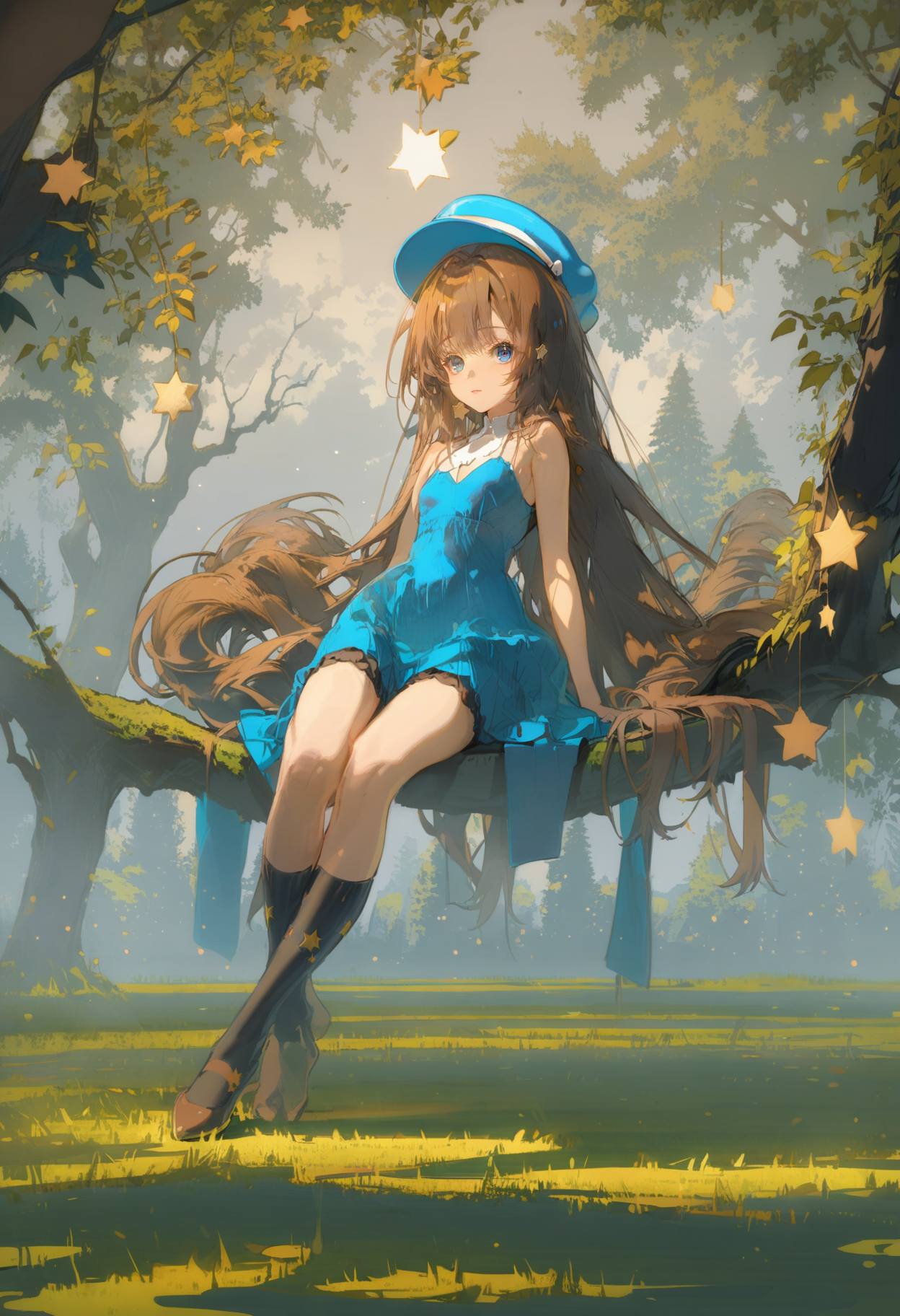 masterpiece, best quality, <lora:REDUMXLANI31lokrV53P1-000121:0.95>  1girl, long hair, solo, sitting, socks, dress, brown hair, kneehighs, blue eyes, very long hair, black socks, sleeveless, tree, star \(symbol\), hat, bangs