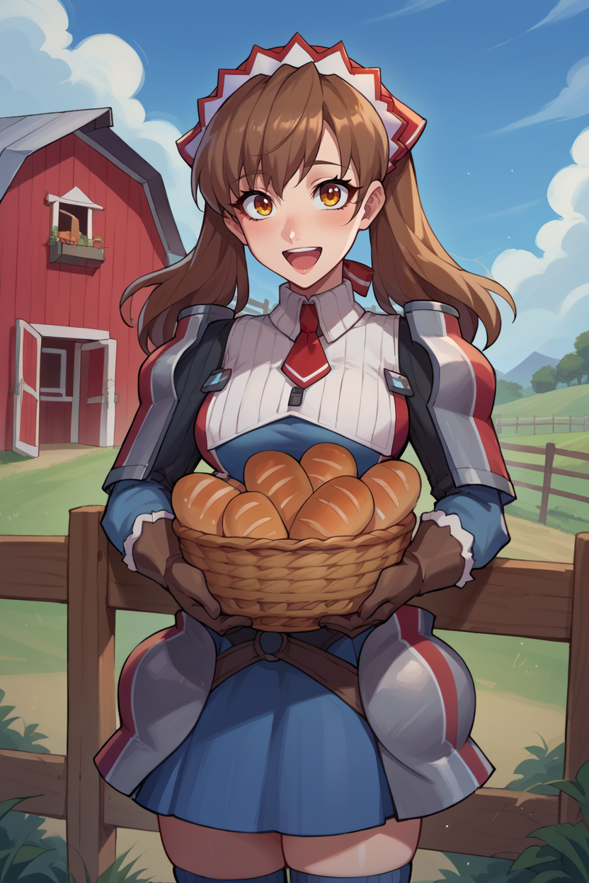 score_9, score_8_up, score_7_up, score_6_up, source_anime, BREAK 1girl, solo  <lora:vcalicia-pdxl-nvwls-v1-000006:1> vcAlicia, headdress, blue shirt, armor, blue skirt, gloves, thighhighs, holding basket full of bread, happy, farm, fence, blue sky, looking at you