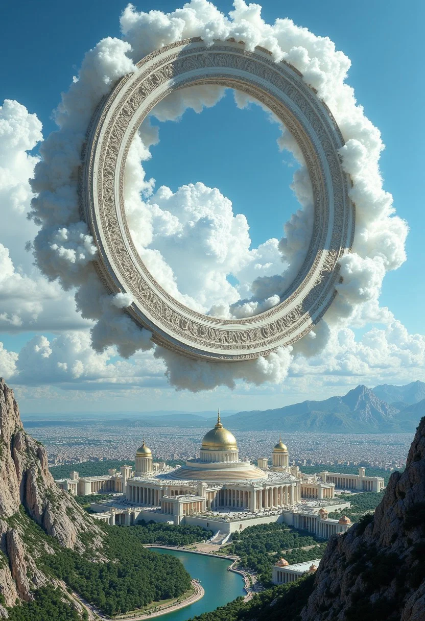 a surreal and majestic fantasy scene of a grand, ancient city with intricate architecture and classical columns. Above the city floats an enormous, circular structure resembling ancient ruins, with large columns and fragmented stonework integrated into a bed of fluffy clouds. This floating ring creates a striking visual centerpiece against the clear blue sky, appearing as if it is suspended in the heavens. Below, the sprawling cityscape extends with grand buildings, domes, and towers, nestled amidst lush greenery and winding rivers. The landscape is vast, with distant mountains on the horizon, enhancing the epic scale of the setting. The interplay of light and shadows, combined with the architectural grandeur, gives the scene an ethereal and timeless quality, evoking a sense of awe and wonder, in ancientstyle.