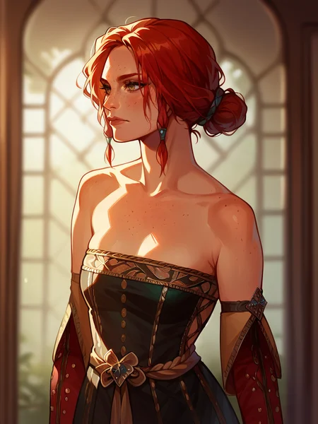score_9, score_8_up, score_7_up, score_6_up, score_5_up, <lora:trissmerigoldXLP:1> triss merigold, 1girl, solo, red hair, freckles, hair bun, bare shoulders, black dress,