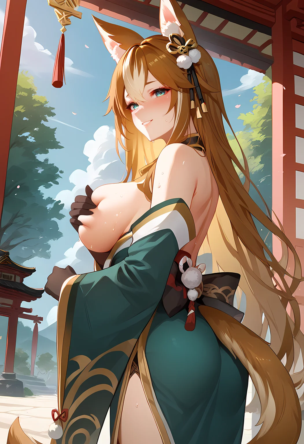 score_9_up,score_8_up,score_7_up,<lora:hina_v2.0_pony-000038:1>,<lora:Expressive_H-000001:1>,
solo,1girl,
YS_XR,brown hair,long hair,tail,multicolored hair,
black gloves,green kimono,hair ornament,wide sleeves,detached sleeves,
large breasts,breasts,standing,sweat,seductive_smile,steam,full-face blush,dynamic_angle,cinematic_angle,covering breasts,twisted torso,hand on own breasts,head out of frame,looking_back,shrine,petals,tree,shouji,window,looking_at_viewer,animal ears,portrait