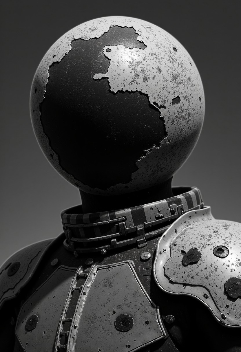 Monochrome with Low Key color spots, m100-style, a figure with a Planet hat, wearing worn armor