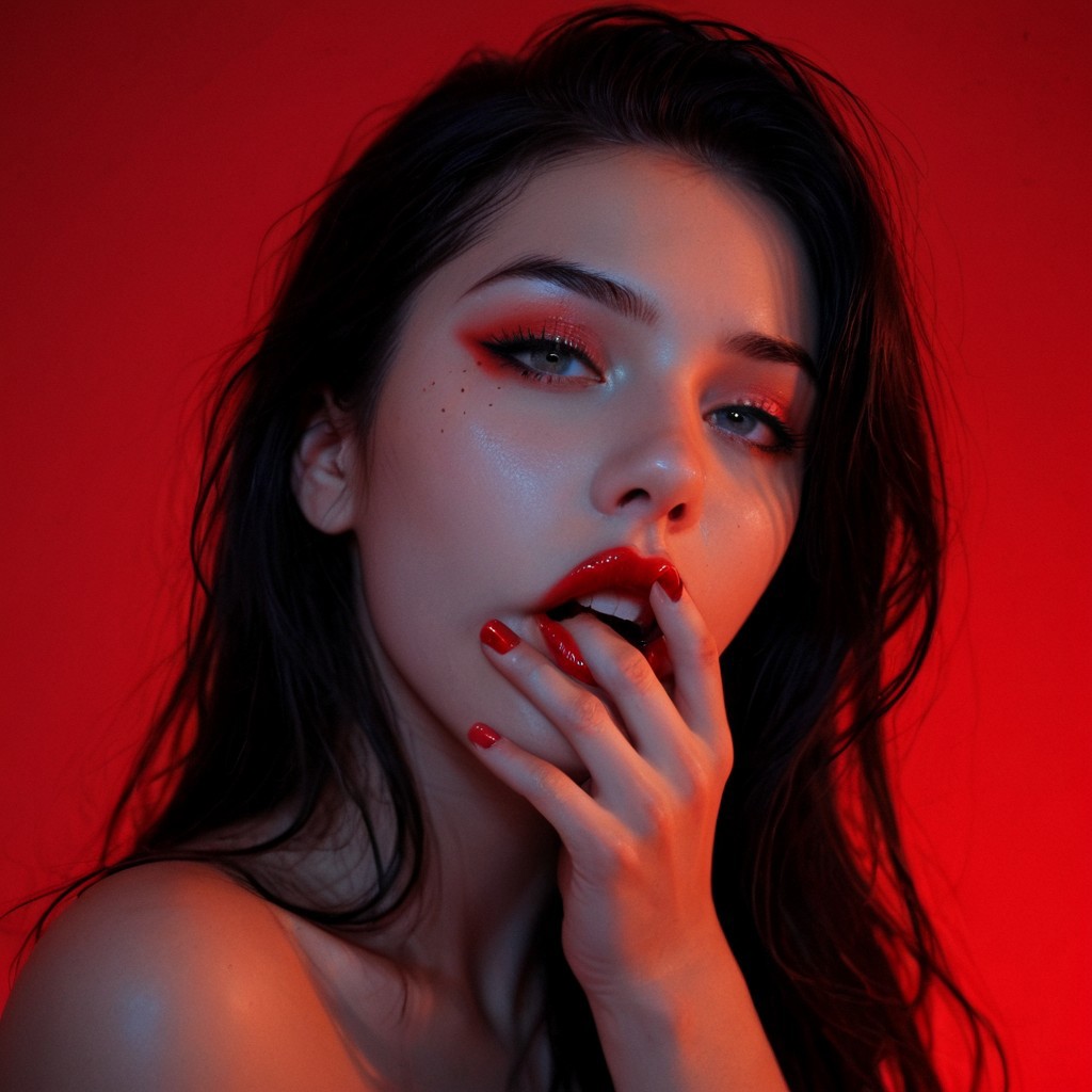 score_9, score_8_up, score_7_up, photograph, 1girl, solo, supermodel, pale skin, detailed, professional photoshoot, cinematic lighting, head out of frame, full red lips, teeth, lipstick, simple red background, (wiping mouth, wiping makeup, (((wiping with the back of the hand))), g0thicPXL, glowing, neon, Expressiveh