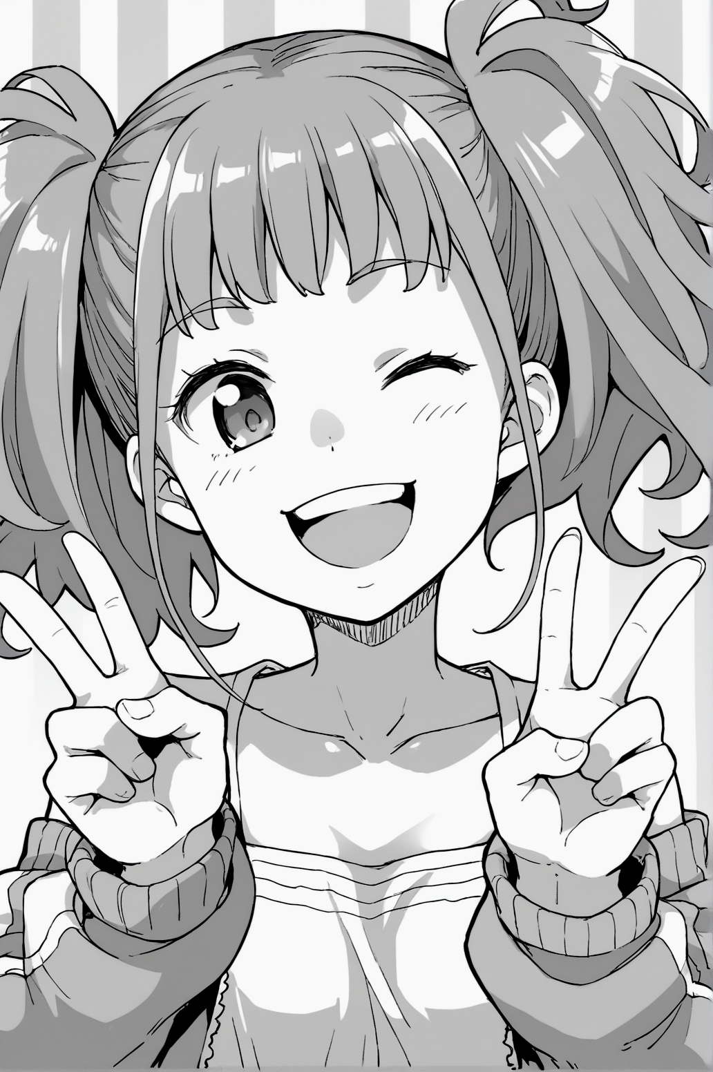 score_9, score_8_up, score_7_up, monochrome, manga_source, best background, detailed background, manga, grayscale   Mesugaki, Main Outfit,  upper body, one eye closed, happy, victory fingers, v fingers,  <lora:JN_Mesugaki:0.8>