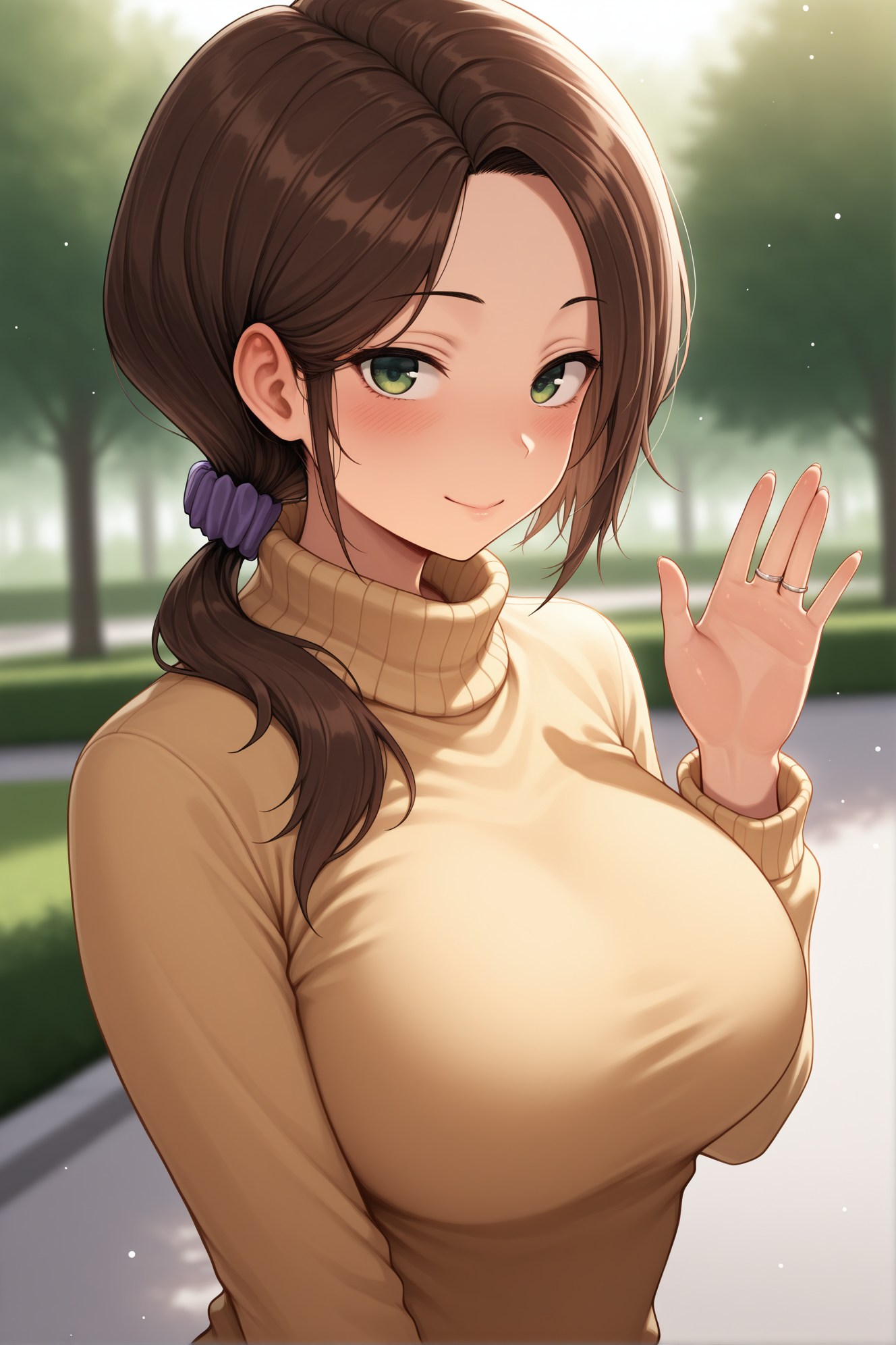 masterpiece,best quality,amazing quality,<lora:mori-illustxl2-test_r1-000003:1>,  womanmri, brown hair, low ponytail, hair scrunchie, green eyes,outdoors,park,depth of field,blurry background,light particles,yellow turtleneck sweater,looking at viewer,waving,wedding ring,