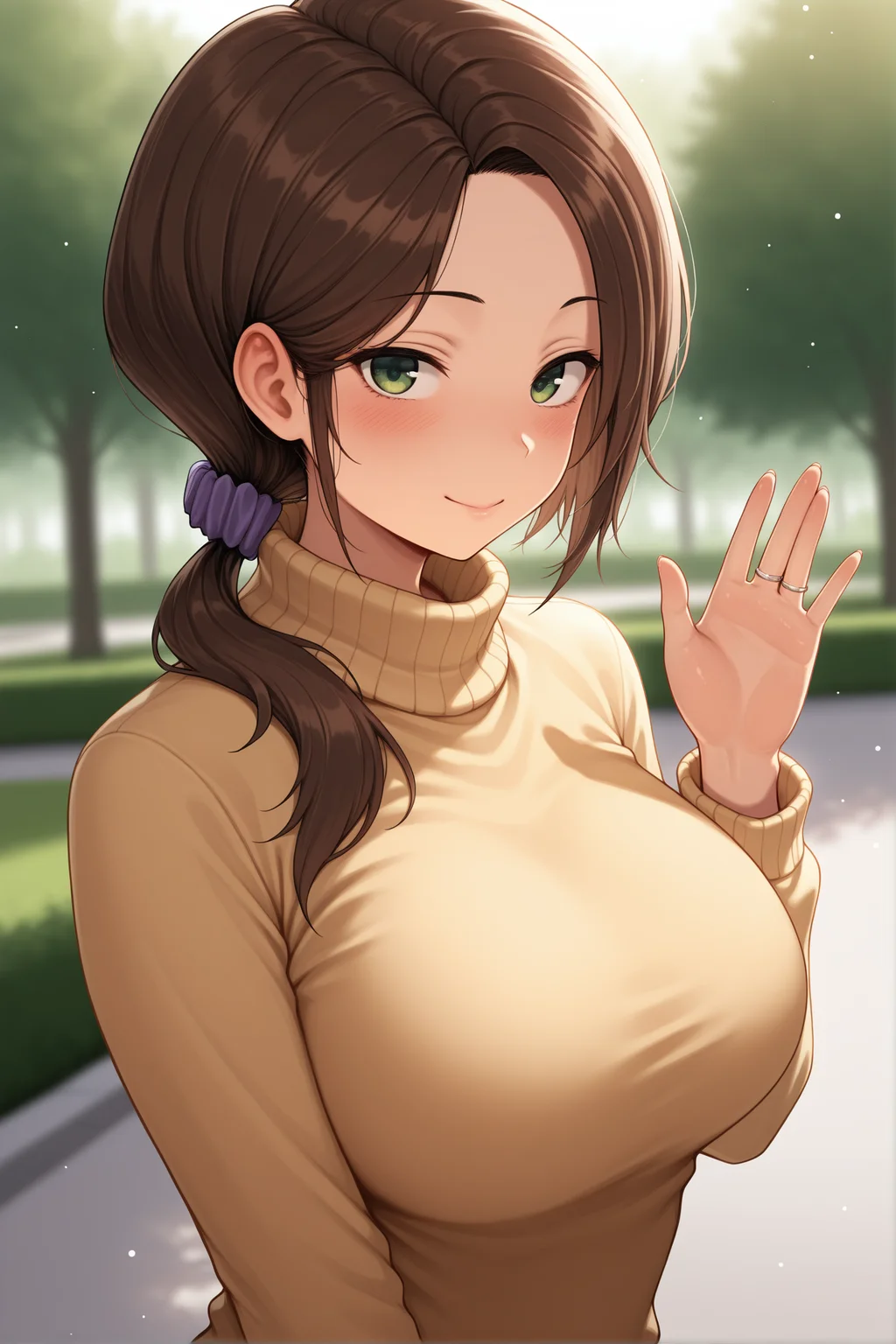 masterpiece,best quality,amazing quality,<lora:mori-illustxl2-test_r1-000003:1>, womanmri, brown hair, low ponytail, hair scrunchie, green eyes,outdoors,park,depth of field,blurry background,light particles,yellow turtleneck sweater,looking at viewer,waving,wedding ring,