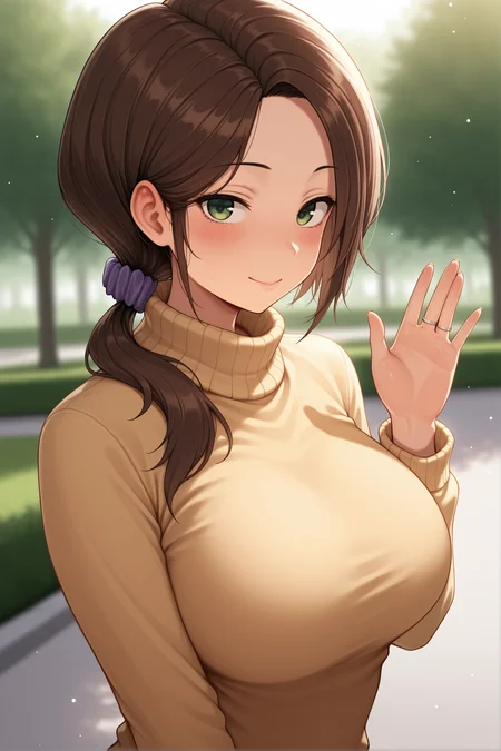masterpiece,best quality,amazing quality,<lora:mori-illustxl2-test_r1-000003:1>, womanmri, brown hair, low ponytail, hair scrunchie, green eyes,outdoors,park,depth of field,blurry background,light particles,yellow turtleneck sweater,looking at viewer,waving,wedding ring,