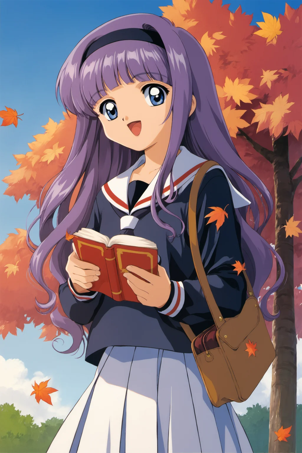 1girl,daidouji tomoyo,skirt,school uniform,white skirt,solo,long hair,purple hair,pleated skirt,smile,bangs,hairband,tomoeda elementary school uniform,holding,open mouth,long sleeves,cloud,blunt bangs,1990s (style),day,leaf,retro artstyle,:d,sky,holding book,outdoors,book,white sailor collar,black shirt,shirt,standing,sailor collar,serafuku,blue sky,cowboy shot,blue eyes,looking at viewer,bag,black hairband,purple eyes,score_9,score_8_up,<lora:Card Captor Sakura Anime_XL_PONY:0.9>,