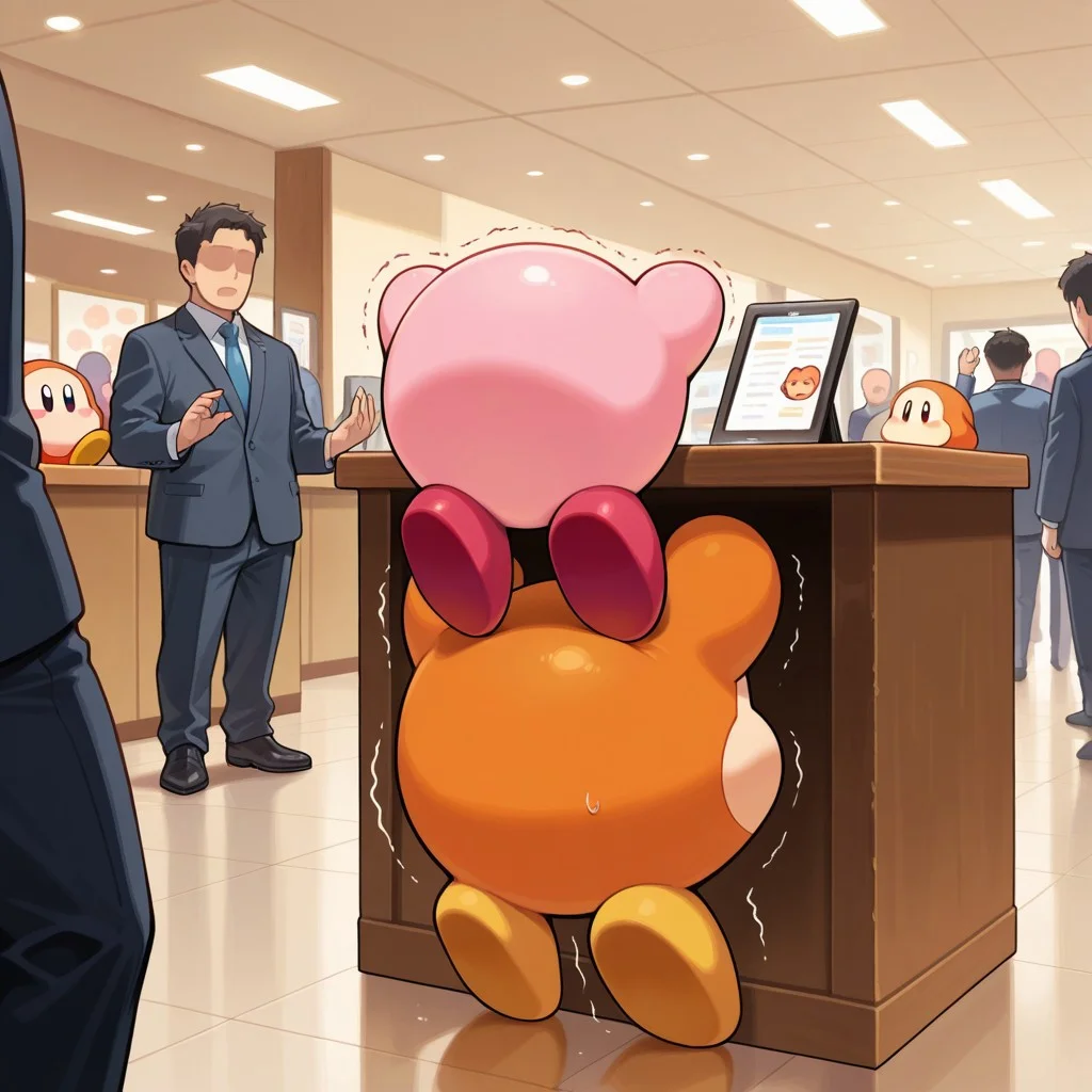 no humans, people, kirby, waddle dee, arms up, 5tealth 5ex, front panel desk, hand on desk, behind desk, (lifting person), trembling, indoors, from behind, masterpiece, best quality, amazing quality,