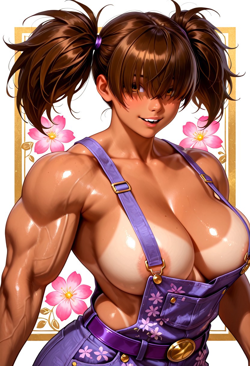 vivid colors, masterpiece, best quality, high quality, high resolution, ultra detailed,  BREAK, 1girl, solo, Manon Chamack, fully tan skin female, brown hair, hair over eyes, messy hair, two ponytails, golden-brown eyes, two upper front buck teeth, shirtless, purple denim overalls with pink flower patterns, purple belt, hyper muscular, massive muscles, looking at view, dynamic poses, BREAK, simple background, colorful background, gold background, white background,