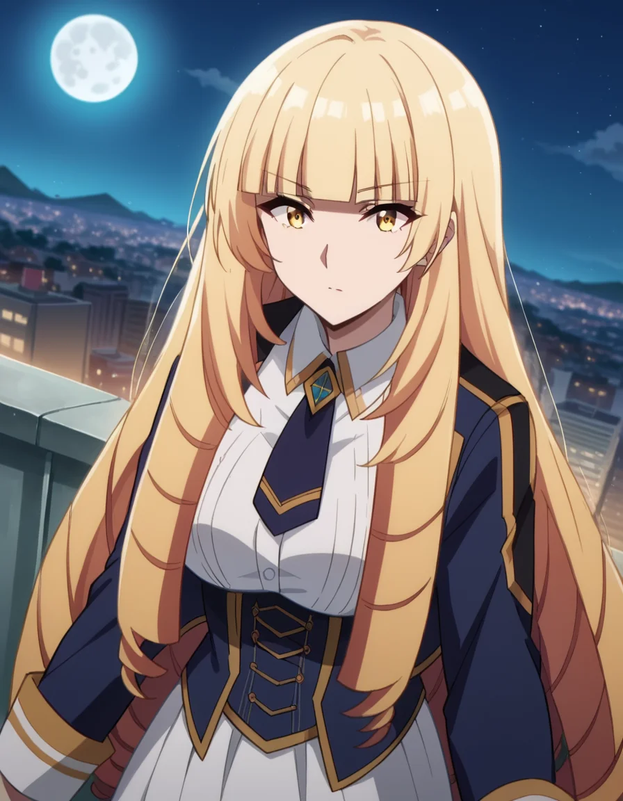 score_9, score_8_up, score_7_up, source_anime,
orianarose, <lora:oriana-rose-ponyxl-lora-nochekaiser:1>,
oriana rose, long hair, blonde hair, yellow eyes, drill hair, bangs, blunt bangs, mature female,
skirt, jacket, necktie, white skirt, corset,
outdoors, cityscape, night, moon,
looking at viewer, dutch angle,