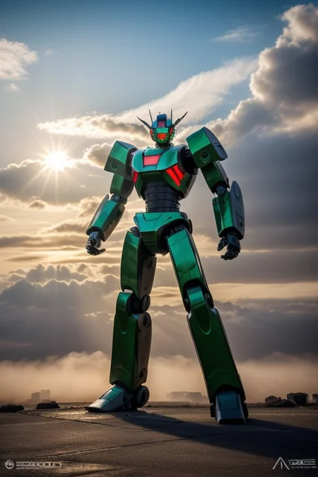 ((masterpiece)), ((best quality)), 8k, ultra-detailed, futuristic android robot, half-body photo, military tech project inspired by Mexican culture, (vibrant green, white, and red color scheme), intricate Aztec and Mayan patterns engraved on the armor, glowing emerald green eyes, dynamic and powerful pose, elements of ancient warrior symbolism incorporated into the design, feathered details resembling Quetzalcoatl, (simple background: ancient pyramids or modern city street), cinematic lighting, mist and sun rays breaking through, merging ancient heritage with futuristic technology, sharp focus, detailed background,real robot,epic mecha, chrometech