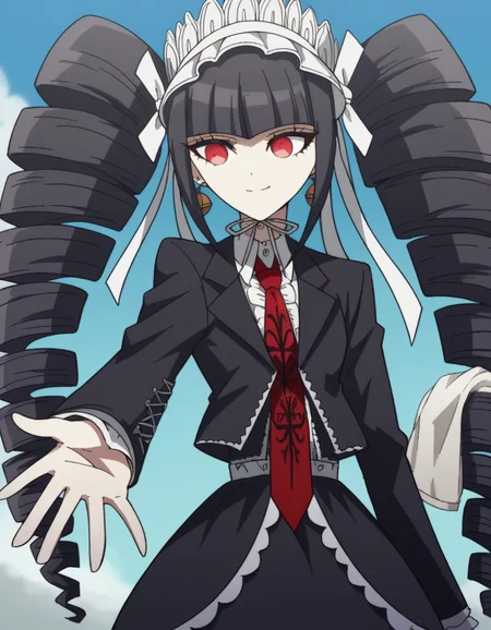 score_9, score_8_up, score_7_up, source_anime, <lora:celestia-ludenberg-s1-ponyxl-lora-nochekaiser:1>, celestia ludenberg, long hair, bangs, black hair, red eyes, long sleeves, twintails, drill hair, twin drills,, skirt, shirt, black hair, long sleeves, jewelry, jacket, earrings, frills, necktie, black skirt, black jacket, red necktie, bonnet, print necktie,, laundry day, clothesline, drying clothes, domestic life, fresh air, blue sky, smile, , hand reaching out, solo,, cowboy shot, dutch angle