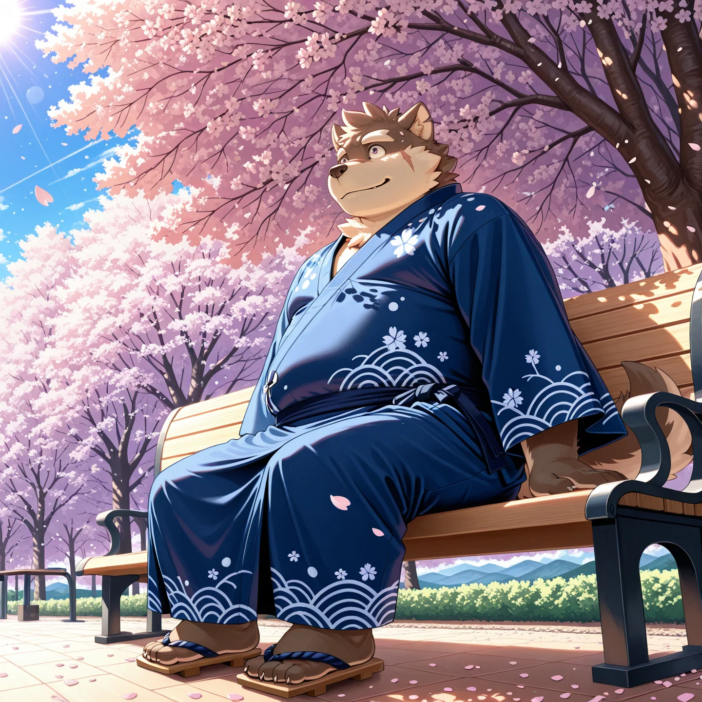 solo, anthro, male, solo,  moritaka, pants, chubby, yukata, sitting, bench, cherry blossoms, dynamic angle, petals, wind, particles
BREAK masterpiece, best quality, amazing quality, very aesthetic, high resolution, ultra-detailed, absurd res, newest, scenery,   <lora:moritakaIL:0.8>