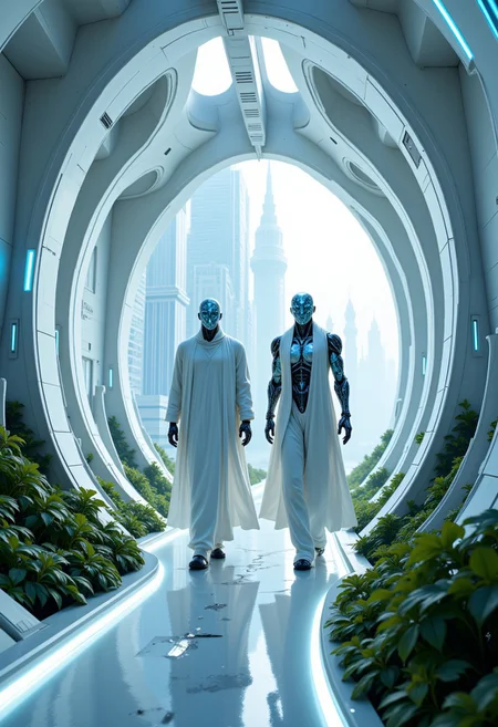 This is a highly detailed, CGI-rendered image featuring two futuristic, humanoid robots walking through a sleek, high-tech corridor. The robots are clad in flowing, white, flowing cloaks that drape down to their ankles, giving them a regal, somewhat ethereal appearance. Their faces are featureless, metallic orbs covered in intricate, blue, circuit-like patterns, hinting at advanced AI or technological integration. The corridor is a futuristic, almost sci-fi environment, with walls and floors made of a smooth, reflective material that glows with a soft blue light. The walls feature subtle, glowing, neon-like strips that outline the structure and guide the viewer’s eye along the path. The ceiling is high and arched, with a series of curved, almost organic-looking elements that seem to blend seamlessly into the overall futuristic aesthetic. The floor is a polished, metallic surface with subtle, glowing lines that run parallel to the robots, enhancing the sense of depth and direction. of grandeur and technological sophistication. The structure's surface reflects the natural surroundings, suggesting a harmonious integration of nature and technology. In the foreground, a winding, elevated walkway lined with lush, verdant foliage and dotted with small figures, likely humans, suggests a bustling, futuristic cityscape.