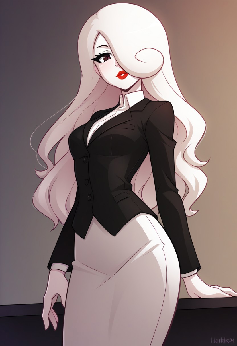score_9, score_8_up, score_7_up, score_6_up,source_cartoon, BREAK 1girl, Yuki Yoshida,colored skin, white skin, pale skin,white hair, long hair,hair over one eye, black suit, lipstick, suit, office,standing, looking at viewer, cowboy shot, dutch angle