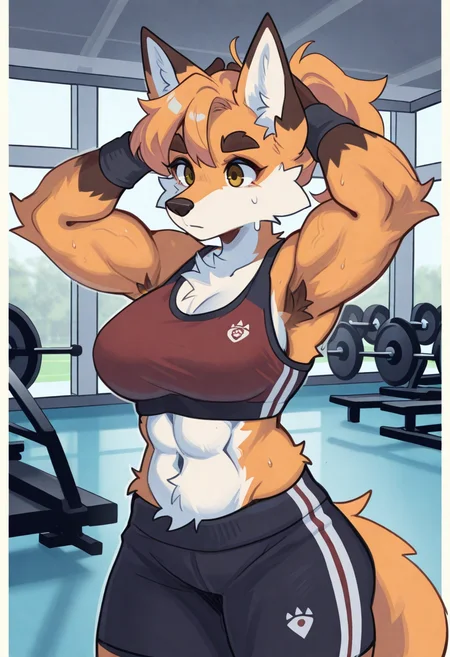 by overcyan, furry, fox, female, thick eyebrows, solo, muscular, sportwear, gym, <lora:OverCyan_style_Illustrious:1>