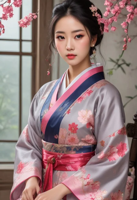 (RAW photo, best quality), (realistic, photo-realistic:1.2), score_9, score_8_up, score_7_up, Mid 20s, Korean, Female, 1girl, (3/4 body:1.2), slim, busty, beautiful Face, hanbok, large breasts, flower hair ornaments