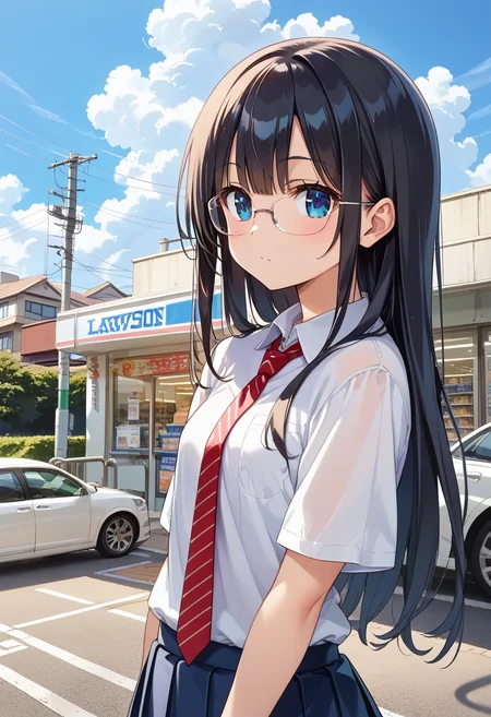 score_9, score_8_up, score_7_up, rating_safe, masterpiece, best quality, absurdres, unity 8k wallpaper, official art, official style, source_anime, uncensored, game cg, megami magazine,
1girl, solo, glasses, black hair, long hair, collared shirt, red necktie, pleated skirt, blue skirt, looking at viewer, blush, upper body,
lawson, konbini, scenery, storefront, car, outdoors, sky, scenery, cloud, road, power lines, utility pole, shop, day, street, building, blue sky
<lora:lawson_storefront_PONY_V1:1>