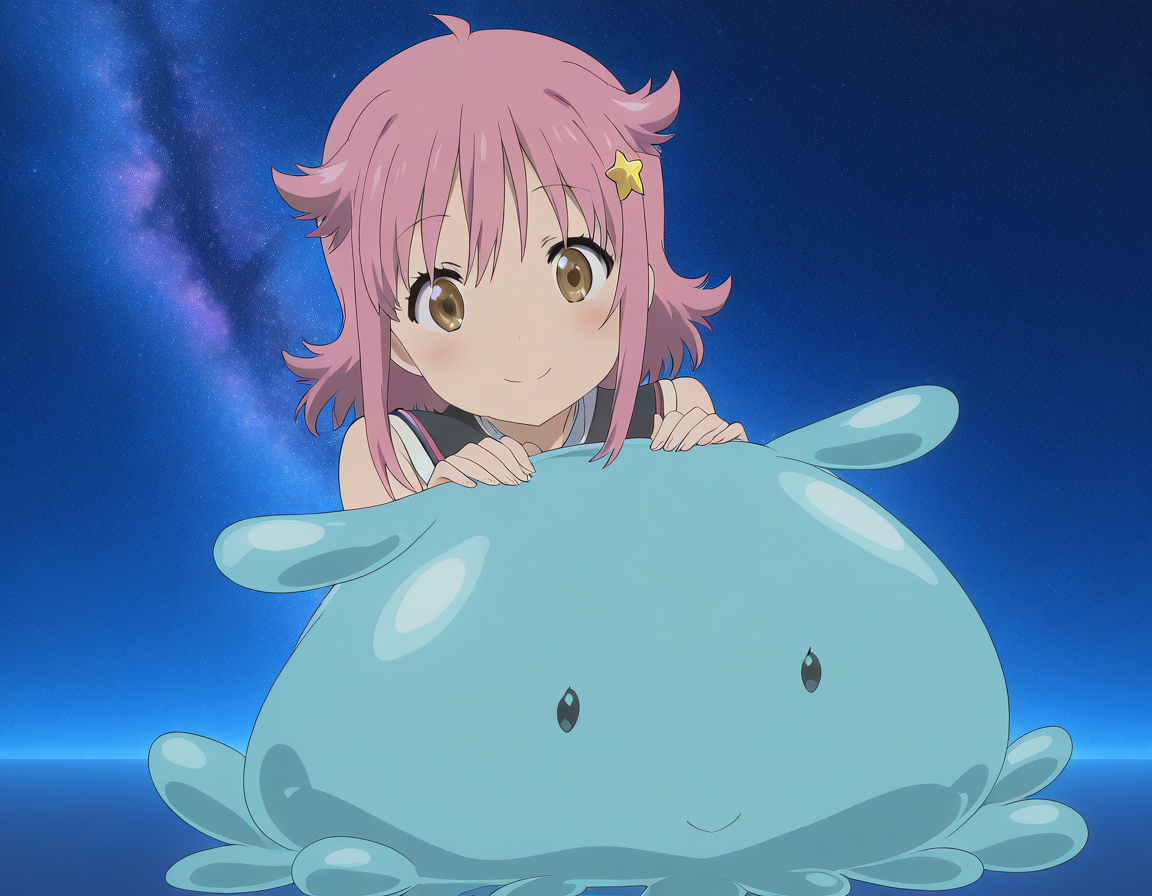 general,highres, ultra-detailed,very aesthetic,best quality ,best hands,  BREAK <lora:Subaru_Houkago_no_Pleiades_IS:0.9>subaru(Pleiades), 1girl, solo, pink hair, short hair, brown eyes, star hair ornament, anime coloring, smile, 
BREAK, 
 <lora:kaicyou_Houkago_no_Pleiades_IS:0.9>kaicyou(Pleiades), sphere, slime (creature), full body, black eyes, creature, blue theme, anime coloring, no humans, sphere, small body,
galaxy,