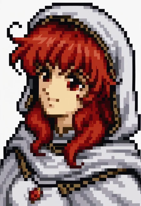 score_9, score_8_up, score_7_up, source_anime, 1girl, solo, smile,
<lora:zs_FE4PortraitsXL:1> fe4portraits, portrait, pixel art, white background, 
, <lora:felena-pdxl-nvwls-v1-000004:1> feLena, red hair, long hair, red eyes, hood up, white robes, white capelet, pendant, big breasts