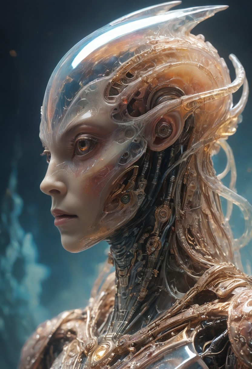 A multicolored translucent artialien, (translucent head:1.6), 
hyperdetailed realistic illustration, intricately detailed, highest quality, closeup, 
BREAK, stylized photo, ultra level of detail and precision in the art, masterpiece, mixed media, intense mood, detailed shading, 
subsurface scattering, light leaks, soft shadows, film grain, Dutch angle, narrow DoF, cinematic composition, mystic haze, dusty atmosphere, close-up, very detailed skin and scares, HDR, RAW photograph, eye catchlights, mystic haze, dusty atmosphere