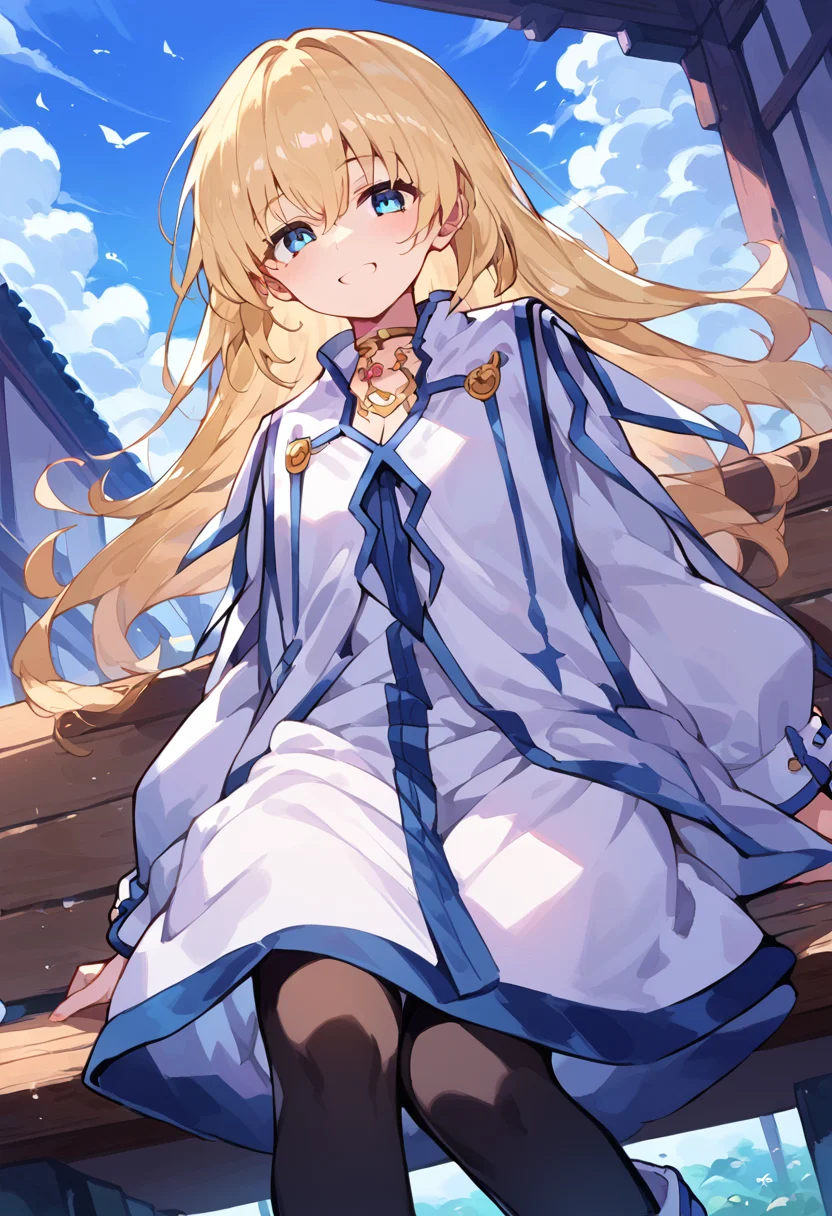 score_9,score_8_up,score_7_up,source_anime,zPDXL,wooden bench,sitting,smile,closed eyes,from below,
*//*,1girl,blonde hair,long hair,blue eyes,black pantyhose,white dress,white boots,<lora:ColetteBrunel:1>,
looking at viewer,cowboy shot,dutch angle,dynamic pose,