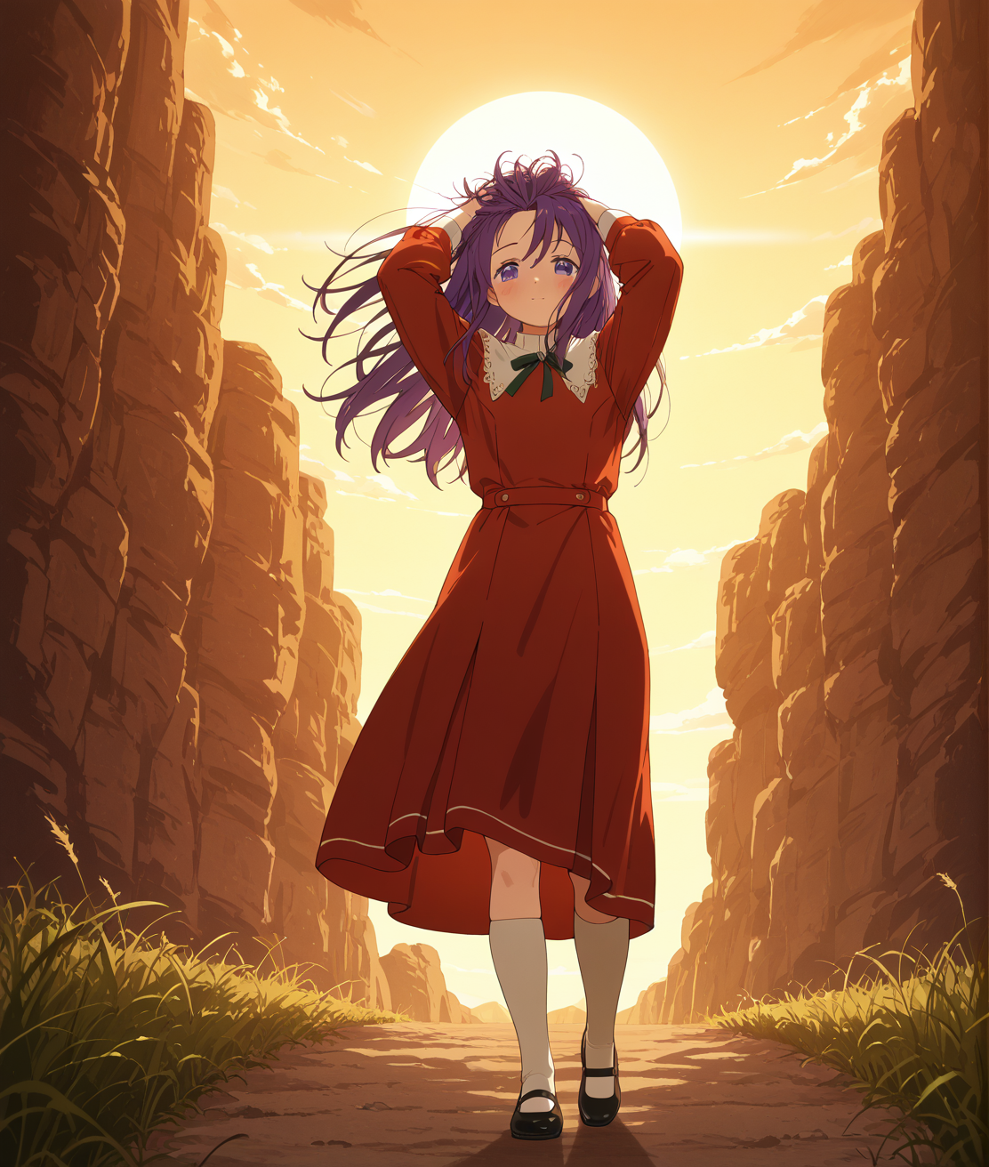 IllusP0s, PonyScores7, source_anime, ah1, IllustriousQual, interesting, exciting, spectacular, wonderful, <lora:natsumi_style:0.5>, <lora:by_usakun-pony:0.4>, by usakun, <lora:Akina_Bbw_Style_-_PonyXL:0.2>, AkinBw,
BREAK (Spot Metering shot),
BREAK 1girl, <lora:Kubo_Nagisa-75:0.8> kubo nagisa, <lora:shinyskin2:0.2>, glistening skin,
BREAK  (purple hair), long hair, <lora:hairdetailpxl:0.2>, hairdetailpxl,
BREAK (purple eyes), <lora:expressive eyes:0.2>, expressive eyes, <lora:eyedetailpxl:0.2>, eyedetailpxl, <lora:Eyes_High_Definition:0.2>, EyesHD,
BREAK ((an expression of amusement)), <lora:Expressive_H:0.2>, Expressiveh, <lora:Emotional_Anime_Expressions_PonyXL_Concept:0.2>, emotional, <lora:Best_Facial_Expression_LoRA_PONY:0.2>, looking at viewer, <lora:Detailed expressive EXEV style -XL Pony V1.0:0.2>, FaceDetail,
BREAK ((cartwheeling)),
BREAK (lustrous vibrant red fit-and-flare dress with white knee-high socks and cute mary janes),
BREAK (((He stood at the edge of the cliff, the wind whipping his hair around his face, The vast expanse of the canyon stretched out before him, a testament to the power of nature, The men behind him kept a respectful distance, their eyes drawn to the sheer drop below, He raised his arms, embracing the wind, and the men felt a shiver run down their spines))),
BREAK <lora:xl_more_art-full_v1:0.2>, <lora:aesthetic_anime_v1s:0.2>, <lora:EpicF4nta5yXL:0.2>, <lora:detailxl:0.2>, detailxl, <lora:Fant5yP0ny:0.2>, best quality, amazing quality, best aesthetic, absurdres, illustration, Volumetric_Lighting, ultra-detailed, very aesthetic, intricate details, 8k, masterpiece, best_quality
BREAK Stable_Yogis_PDXL_Positives, AS-Adult, <lora:Complicated fantasy portrait - XL Pony V2.0:0.2>, bad-hands-5, <lora:HDA_Detailer:0.3>, HDA_FatGirlXL,