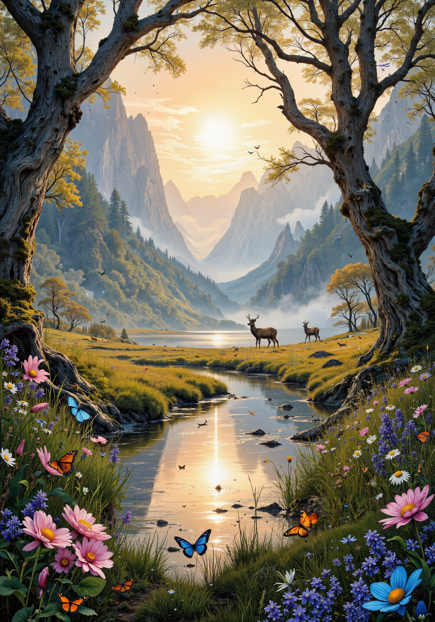 Ethereal morning sunbeams pierce through gossamer mist, illuminating a secret mountain meadow ablaze with vibrant wildflowers. Delicate dew-kissed cobwebs glisten on tall swaying grasses, while iridescent dragonflies hover above a mirror-like pond reflecting the pastel sky. Ancient gnarled trees frame the scene, their moss-covered branches reaching towards heaven. Colorful butterflies dance among nodding bluebells and fragrant lavender, as a family of deer grazes peacefully in the distance. Intricate details, photorealistic quality, soft focus edges, golden hour lighting, dreamy atmosphere, 8k resolution, masterpiece <lora:Hand v2:0.9> <lora:Liquid_Clothes_v2:0.4> <lora:Illustration_Style_IV:0.9> <lora:RM_JamesJean_v0.5:0.2> <lora:flux_dev:1>