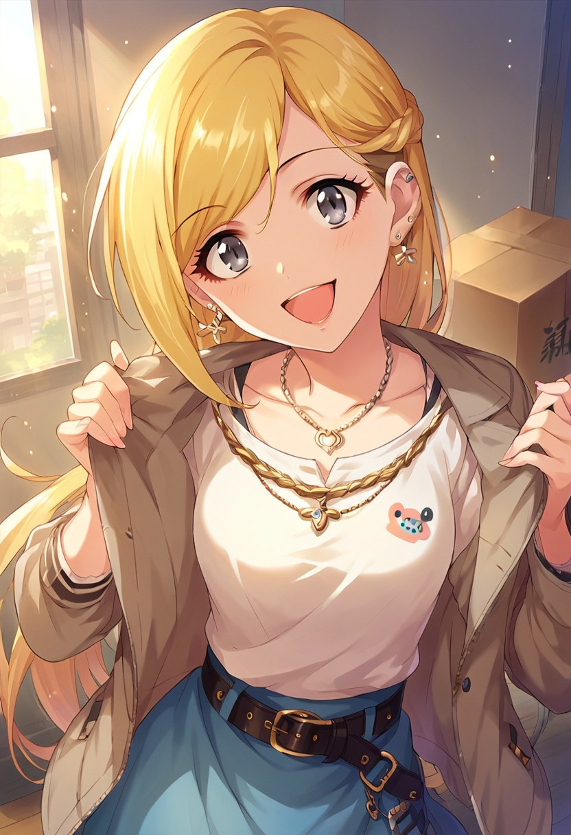score_9, score_8_up, score_7_up, source_anime,fujimoto rina, 1girl, solo, long hair, looking at viewer, smile, open mouth, skirt, blonde hair, jewelry, braid, earrings, belt, necklace, grey eyes, box