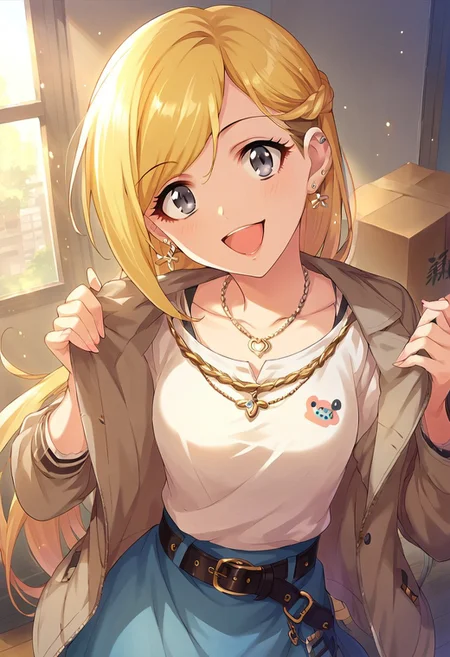 score_9, score_8_up, score_7_up, source_anime,fujimoto rina, 1girl, solo, long hair, looking at viewer, smile, open mouth, skirt, blonde hair, jewelry, braid, earrings, belt, necklace, grey eyes, box
