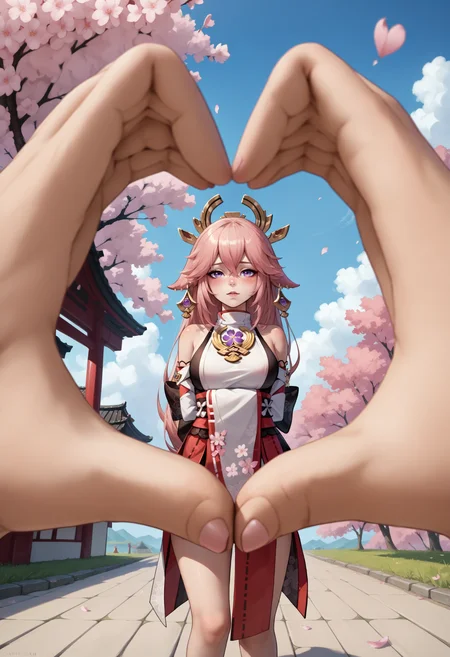 score_9, score_8_up, score_7_up, source_anime, 1girl, heart hands, pov, pov hands, <lora:POVHeartHands_XLPD-000017:1>, yae miko, cherry blossoms, outdoors, miku, blush, arms behind back,