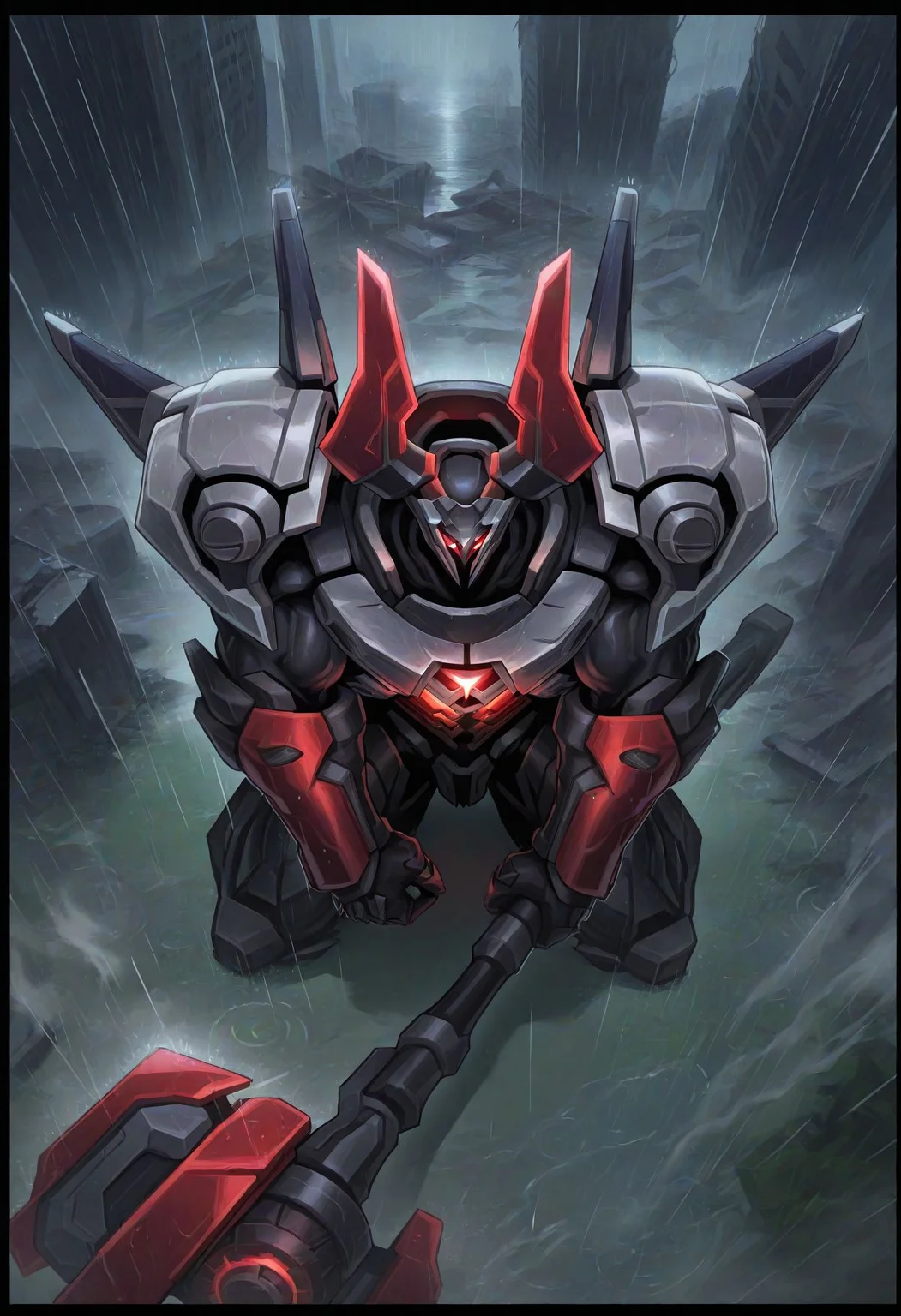 bara,muscular male,comic,from above,open arms,kneeling,looking up,
solo,mecha,glowing,holding project-hammer,ruins,rain,smoke trail,
project-mordekaiser,
very awa,masterpiece,best quality,absurdres,newest,perfect quality,detailed background,intricate details,