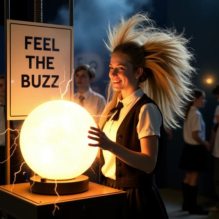 An 18-year-old beautiful girl wearing a student uniform stands in front of a Van de Graaff ball. Her big frizzy hair is completely standing on end, pointing straight up due to the static electricity from the generator. She places her hands on the generator, and her hair forms a dramatic, electrified halo around her head. Her expression combines excitement and fear, as she smiles nervously while feeling the powerful static charge. The scene is vibrant and dynamic, capturing the thrilling energy of the moment. A large sign next to the generator clearly reads "FEEL THE BUZZ," adding a playful touch. The overall composition should highlight the intense effect of the static electricity and her emotional reaction, with detailed lighting and realistic effects to enhance the electricity's impact.