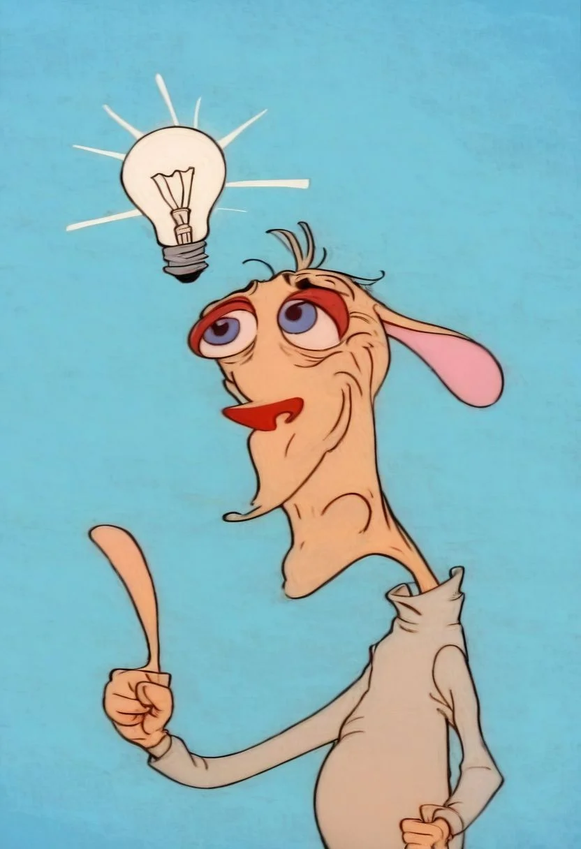 solo, upper body, ren, expression, teeth, stooges, light bulb moment above head, eureka, index finger pointing for each perfect hand, pale blue background,
no humans, easynegative, By bad artist