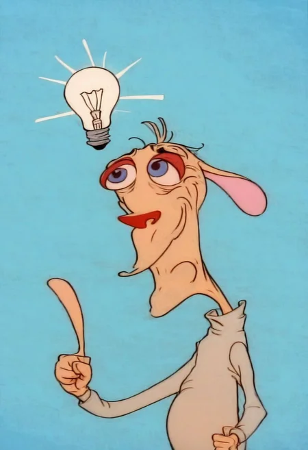 solo, upper body, ren, expression, teeth, stooges, light bulb moment above head, eureka, index finger pointing for each perfect hand, pale blue background,
no humans, easynegative, By bad artist