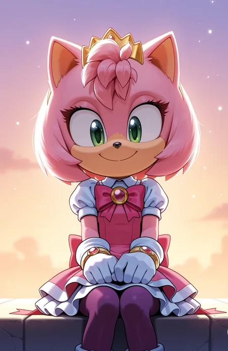1girl, solo, full body, no humans,
<lora:Movie-Amy_v4-30:1> movieamy, petite, short legs, animal nose, pink fur, green eyes,
sitting, hands on lap, contented smile, peaceful eyes, joyful serenity,
magical girl suit, peplum top, flared skirt, pantyhose, gloves, ribbon brooch, tiara, extremely detailed, highres, masterpiece, best quality