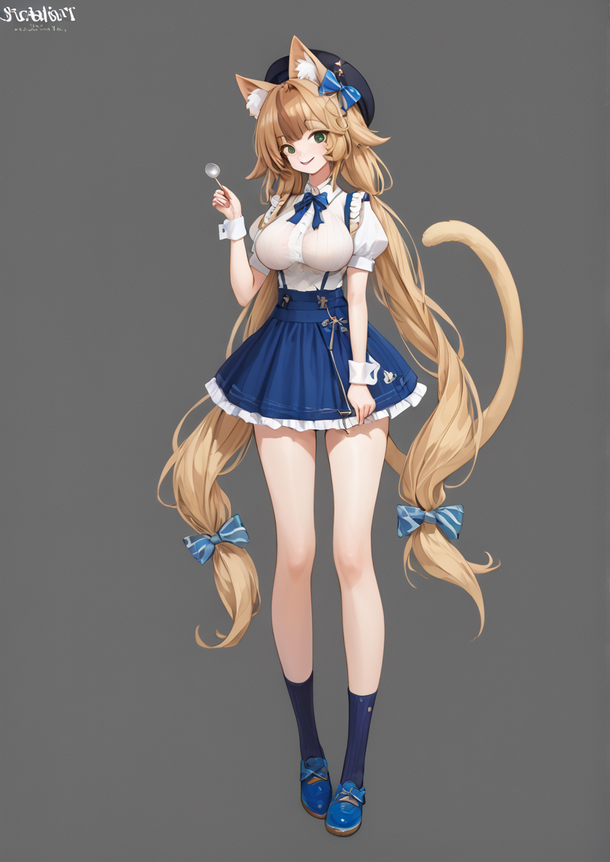 1girl, huge breast, :d, animal ear fluff, animal ears, beret, black headwear, blonde hair, blue footwear, blue hair, blue skirt, blue socks, bow, braid, breasts, brown hair, cat ears, cat girl, cat tail, frilled skirt, frills, full body, green eyes, hair bow, hat, heart, holding, holding spoon, long hair, looking at viewer, multicolored hair, puffy short sleeves, puffy sleeves, shirt, shoes, short sleeves, skirt, smile, socks, solo, spoon, streaked hair, striped, striped bow, striped socks, tail, twin braids, two-tone hair, very long hair, white shirt, wrist cuffs,  <lora:AGOTO:0.9>