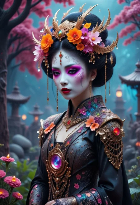 A professional photography of a gothic geisha with whimsical elements, surrounded by an magical and eerie fairytale landscape with sparkling crystals and colorful flowers, awesome appearence, fantastic cyberpunk art concept, intricate details, trending on artstation, masterpiece, 8k