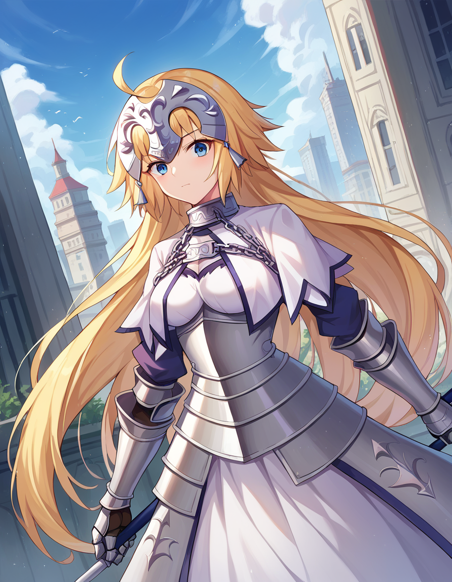 score_9, score_8_up, score_7_up, source_anime,
jeannedarc, <lora:jeanne-darc-ponyxl-lora-nochekaiser:1>,
jeanne darc, blonde hair, blue eyes, long hair,
white dress, armor, armored dress, chain, collar, dress, faulds, gauntlets, headpiece, metal collar, plackart,
outdoors, cityscape,
looking at viewer, dutch angle, cowboy shot,