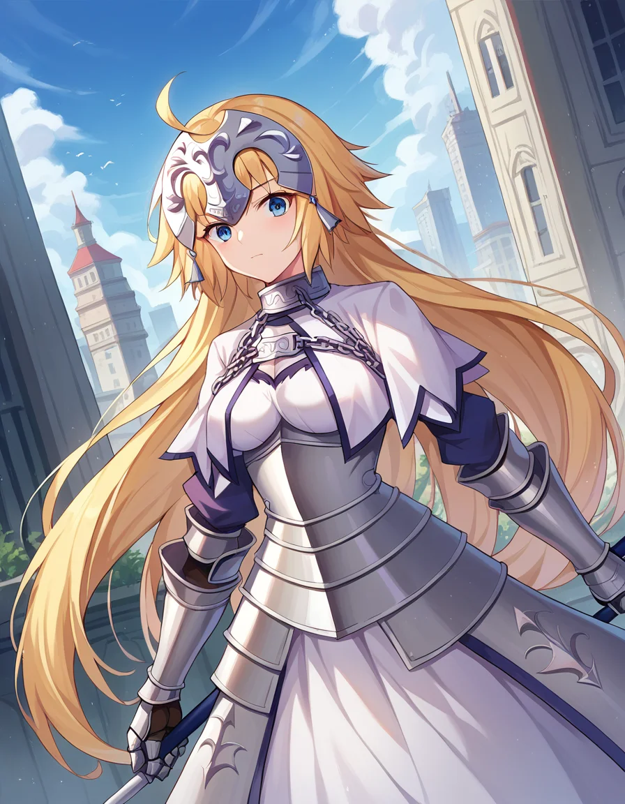 score_9, score_8_up, score_7_up, source_anime,
jeannedarc, <lora:jeanne-darc-ponyxl-lora-nochekaiser:1>,
jeanne darc, blonde hair, blue eyes, long hair,
white dress, armor, armored dress, chain, collar, dress, faulds, gauntlets, headpiece, metal collar, plackart,
outdoors, cityscape,
looking at viewer, dutch angle, cowboy shot,