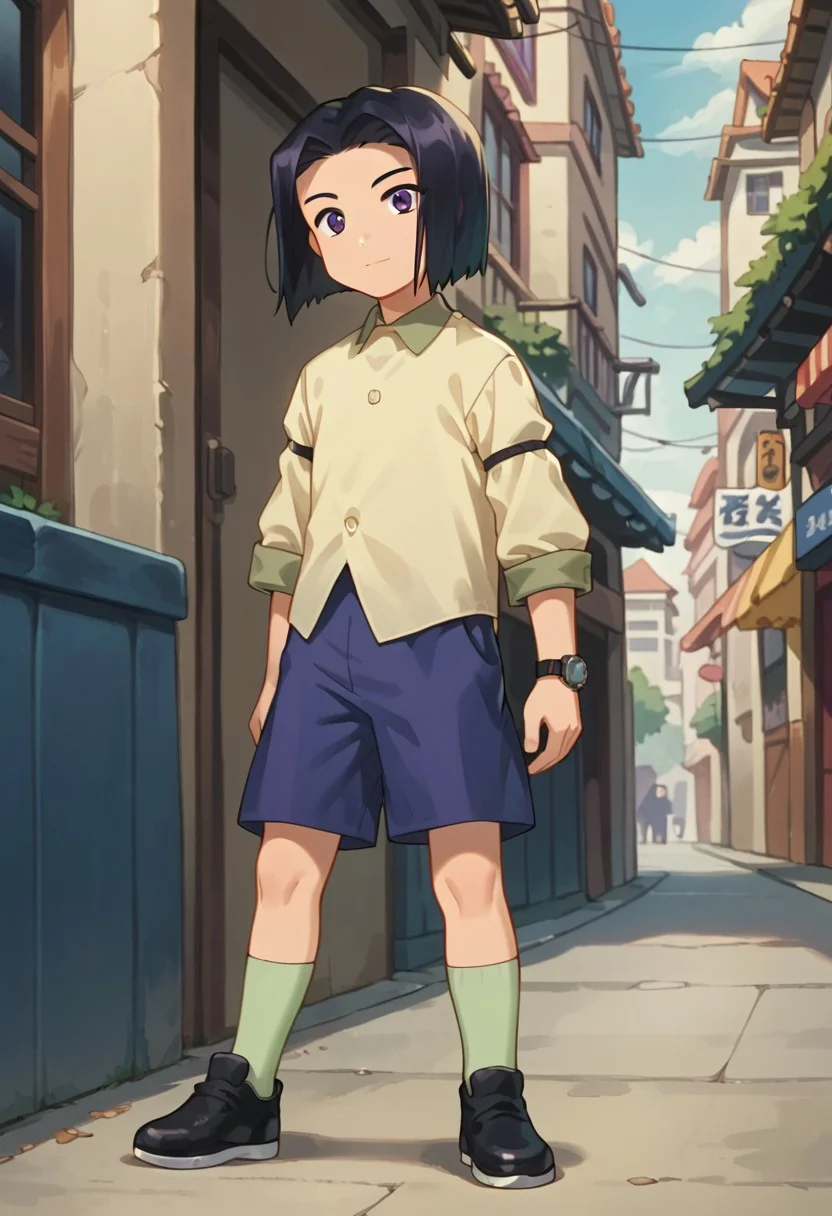 score_9, score_8_up, score_7_up, score_6_up, highly detailed,Good Colors, Good Shading, Good Eyes, Contrast Shading, alone, Kouji, 1boy, male_focus, black long hair, purple eyes, beige shirt, blue shorts, light green socks, black shoes, watch, japanese street, anime style